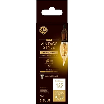 GE 36488 Vintage Light Bulb, CAC Lamp, 25 W Equivalent, E12 (Candelabra) Lamp Base, Dimmable, Amber, Warm White Light