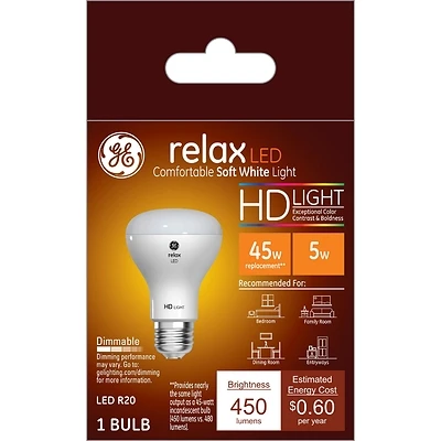 GE 45545 LED Bulb, Flood/Spotlight, R20 Lamp, 45 W Equivalent, E26 Lamp Base, Dimmable, White, Soft White Light
