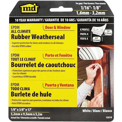 M-D 02618 White EPDM Rubber Weatherstrip Tape, 3/8 In. x 17 Ft.