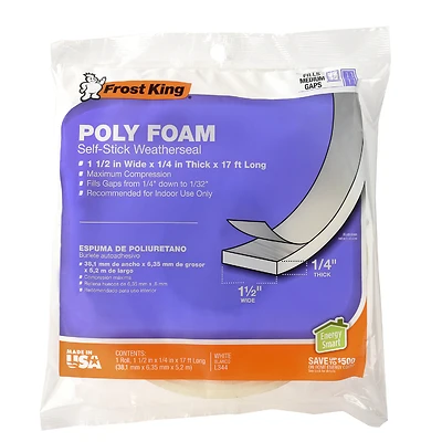 Foam Weatherseal Tape, White, 1-1/2 W x 1/4 In. T x 17 Ft.