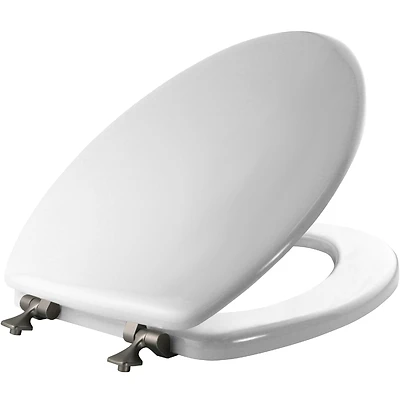 Mayfair 144BN 000 Elongated Molded Wood Toilet Seat, Brushed-Nickel Hinge, White
