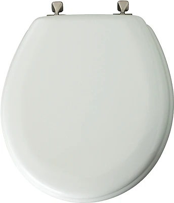 Mayfair 44BN000 Round Molded Wood Toilet Seat, Brushed-Nickel Hinge, White