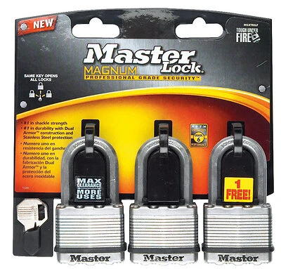 Master Lock M5XTRILF Magnum Keyed Padlock, 1-1/2 In. Shackle, 3-Pack