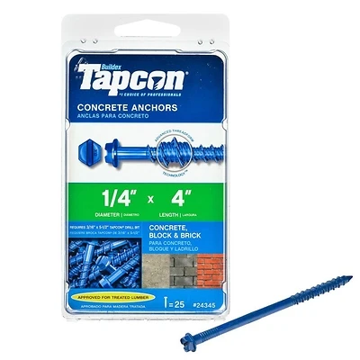 Concrete Screw Anchors, Hex Washer Head, 1/4 x 4 In., 25-Pk.