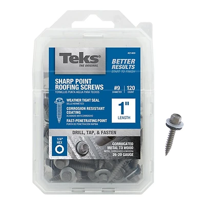 Teks 21400 Roofing Screws, #9 x 1 In., Hex Washer, Sharp Point, 120-Ct.