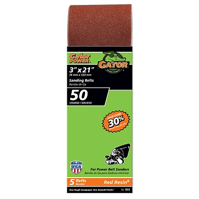 Gator 7012GA Sanding Belt, Aluminum Oxide, 50-Grit, 3 x 21 In., 5-Pack