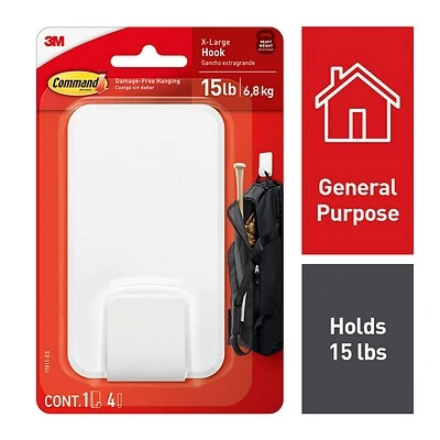 Command 17011-ES Extra Large Hook, 15 lb, Plastic, White
