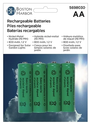 Boston Harbor 24184 Rechargeable Battery, 1.2 V Battery, 800 mAh, AA Battery, Nickel-Metal Hydride