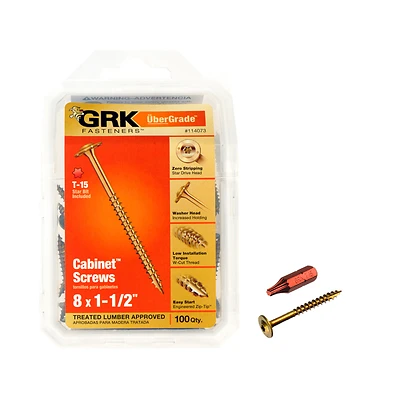 GRK Fasteners 114073 Cabinet Screws, #8 x 1-1/2 In, Star Drive, 100 Pk