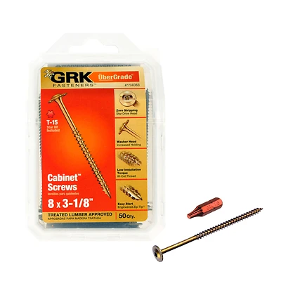 GRK 114083 Cabinet Screws, #8 x 3-1/8 In, Star Drive, Washer Head, 50-Count