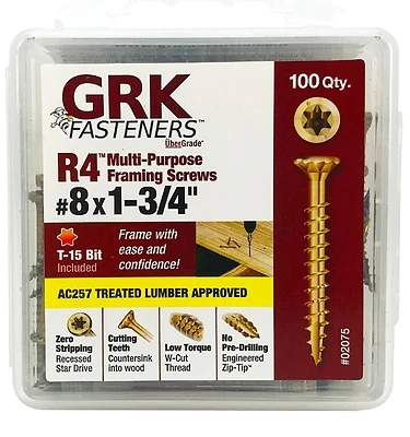 GRK Fasteners R4 02075 #8 x 1-3/4 In Star Drive Multi-Purpose Screws, 100 Pk