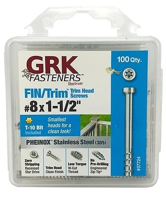 GRK Fasteners 37724 Star Trim Head Screws, Stainless Steel, No. 8 x 1-1/2 In., 100 Pk