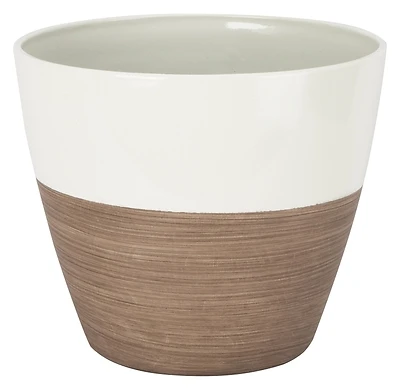 Pt-s067 8 Inch Round Resin Planter In Ivory And Wood Finish