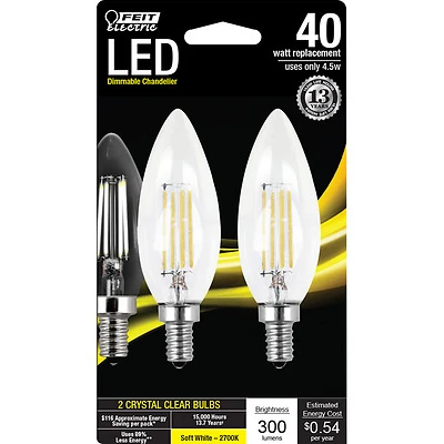 Feit Electric BCTC40927CAFL2R B10 LED Bulb, 40W Equivalent, Soft White, 2-Pack
