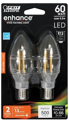 B10 E12 Led Bulb Soft White 60w Equivalent 2 Pk, 500 Lumens, Dimmable