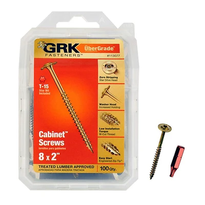 GRK Fasteners 113077 Cabinet Screws, #8 x 2 In, Star Drive, Washer Head, 100-Pack