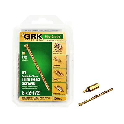 GRK Fasteners 119079 #8 x 2-1/2 In Trim Head Screw, Star Drive, 100 Pk