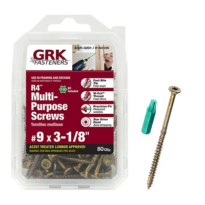 GRK Fasteners 103105 R4 #9 x 3-1/8 In. Star Drive Wood Screws, 80-Pack