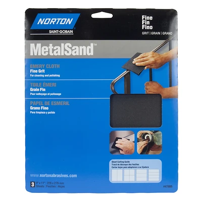 Norton MetalSand Emery Cloth Sheets, 80 Grit, 11 x 9 In., 3-Pk
