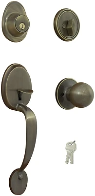 7001159 Antique Brass Handleset With T3 Knob And Single Cylinder Deadbolt