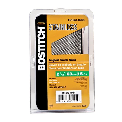 Bostitch FN1532-1MSS Angled Finish Nails, 15 Ga., 2 In., 1,000-Pk