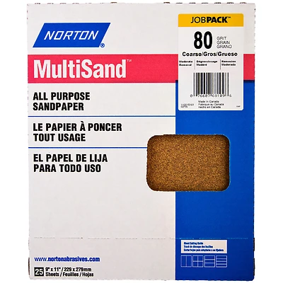 Norton MultiSand 07660768109 80 Grit Coarse Sandpaper, 11 x 9 In., 25 Pk