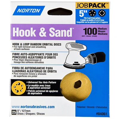 Norton 07660704061 Hook & Sand Aluminum Oxide Sanding Disc, 5 In., 100 Grit, 8 Hole