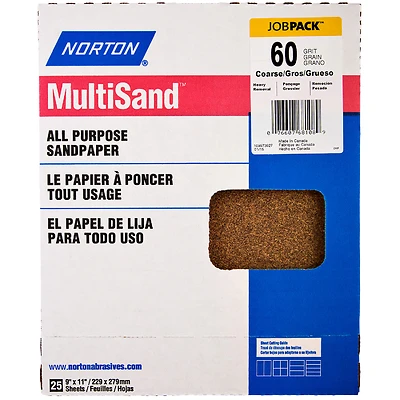 Norton MultiSand 07660768108 Sanding Sheet, 60 Grit, 11 x 9 In., 25 Pk