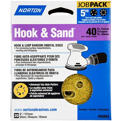 Norton 07660704064 Sanding Disc, 5 In., 40 Grit, Aluminum Oxide, 20 Pk