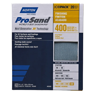 Norton ProSand 07660768165 Sanding Sheet, 11 X 9 In., 400 Grit, 20 Pk