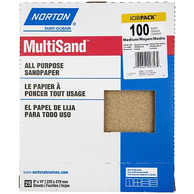 Norton MultiSand 07660700358 Sanding Sheets, 100 Grit, 11 x 9 In., 25 Pk