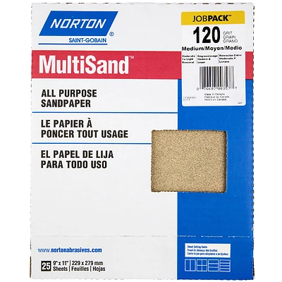 Norton MultiSand 07660700357 Aluminum Oxide Sandpaper, 120 Grit, 11 x 9 In., 25 Pk