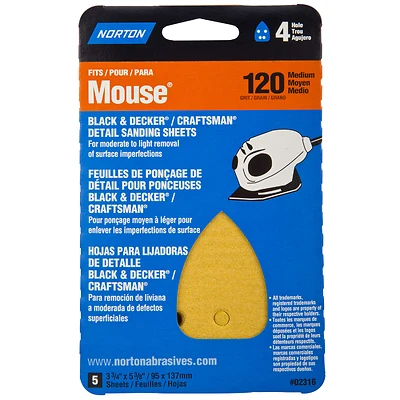 Norton 07660702316 Mouse Sandpaper, 120 Grit, 5-3/8 x 3-3/4 In., 5 pk