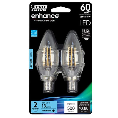 Enhance B10 E12 Filament Led Bulb Daylight 60w Equivalent 2 Pk