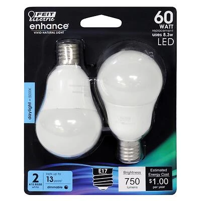 Feit Electric BPA1560N/950CA/2 A15 LED Bulb, 60W Equivalent, Daylight, Dimmable, 2-Pack