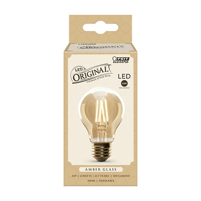 Feit Electric AT19/VG/LED LED Bulb, Amber, Dimmable, 25W Equivalent, E26 Base