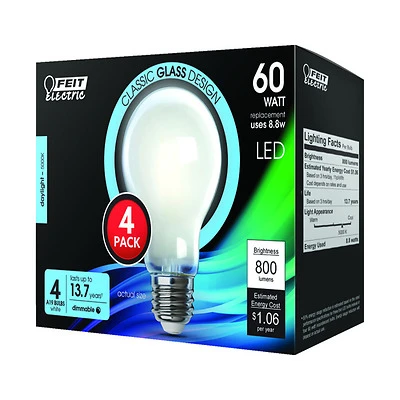 Feit Electric A1960/850/FIL/4 LED Filament Bulb, Daylight, 60W Equivalent, 4 Pk