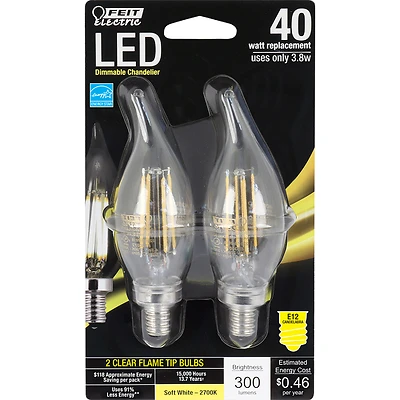 Feit Electric BCFC40927CAFL2R C10 LED Bulb, 40W Equivalent, Soft White, E12, 2-Pk