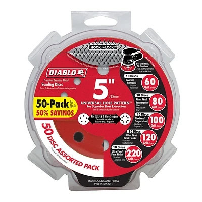 Diablo DCD050ASTH50G Sanding Disc Pack, 5 in Dia, 60, 80, 100, 120, 220 Grit, Coarse, Medium, Ultra Fine, Universal