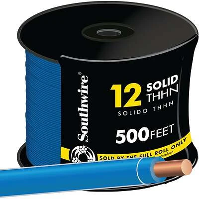 12 Solid Building Wire, Type THHN, Blue, 500 Ft.
