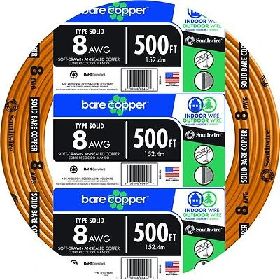 Solid Bare Grounding Wire, Copper, 8 Gauge, 500 Ft.