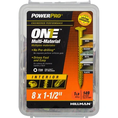 Power Pro One Interior Screws, Wafer Head, Yellow Zinc, #8 x 1.5-In., 149-Pk.