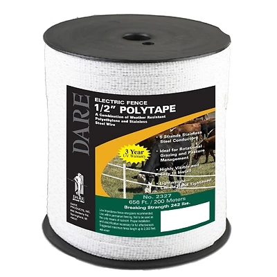 Dare 2327 Electric Fence Tape, White Poly & 5-Wire Stainless, 1/2 In. x 656 Ft.