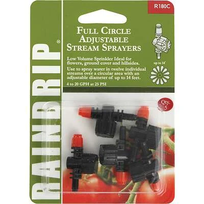 Adjustable Flow Micro Sprinkler, Full-Circle Pattern, Stream Spray, with 10-32 Threaded Inlet, 5-Pack