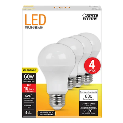 Feit Electric A80082710KLED/4 A19 LED Bulb, Soft White, 60W Equivalent, 4-Pk