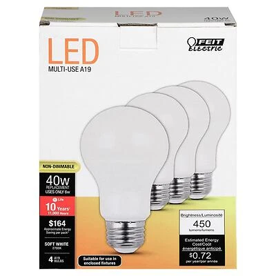 Feit A45082710KLED/4 A19 LED Bulb, Soft White, 40W Equivalent, 4 Pack