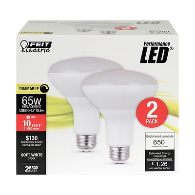 Feit Electric BR30DM/10KLED/2 LED Light Bulb, 9.5W, 2-Pack