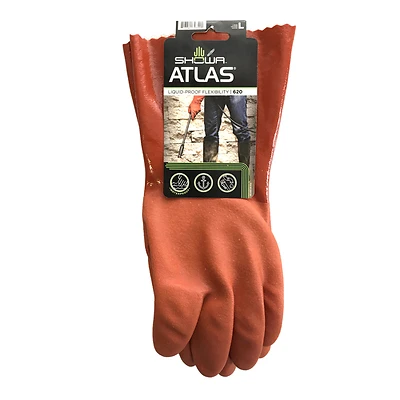 Atlas 620L PVC Coated Chemical Gloves, Orange, Large, 12 In. Gauntlet Cuff