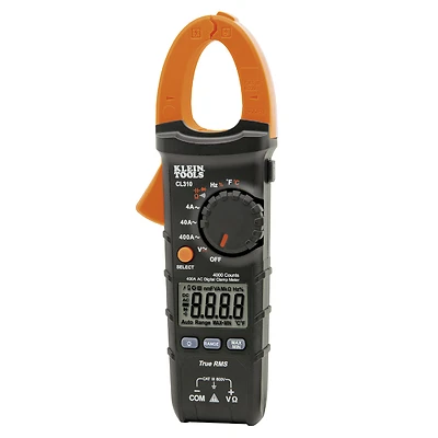 Klein Tools CL320 Clamp Meter, 40 mOhm, 600 VAC/VDC, Digital Display, Functions: AC Voltage, DC Voltage, Black/Orange