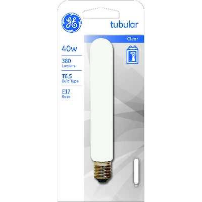 GE 44422 Light Bulb, 40 W, T6.5 Lamp, E17 Intermediate Lamp Base, 380 Lumens, 2500 K Color Temp